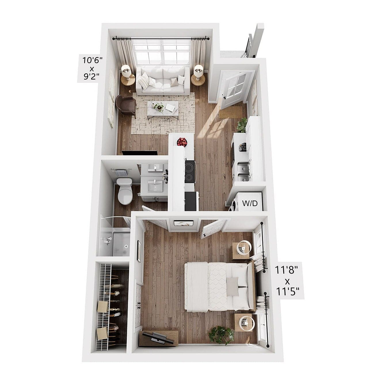 3D floor plan of the Pointe Grand Island View A1 Cottage - 1 Bed / 1 Bath home