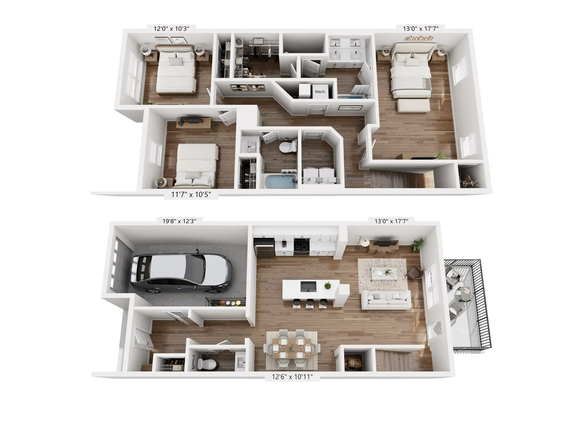 3D floor plan of a Pointe Grand three-bedroom, two-and-a-half-bathroom townhome