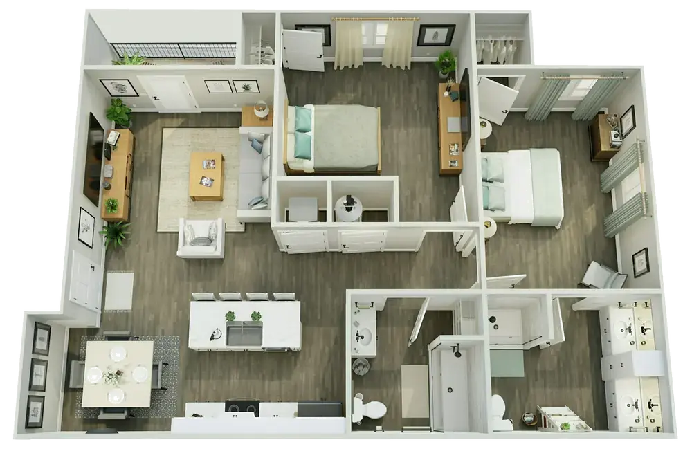 3D floor plan of the Pointe Grand two-bedroom, two-bathroom home