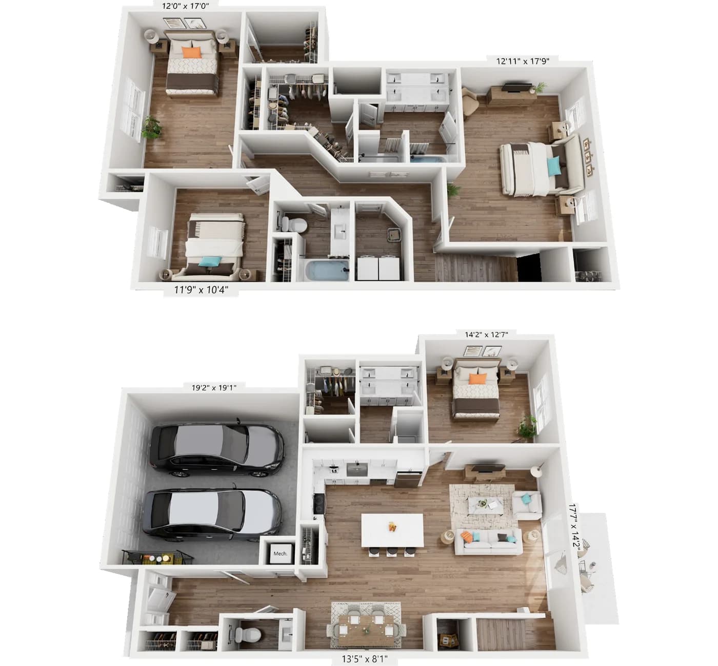 3D floor plan of the two-story 4 bedroom, 3.5 bathroom townhome with a private two-car garage