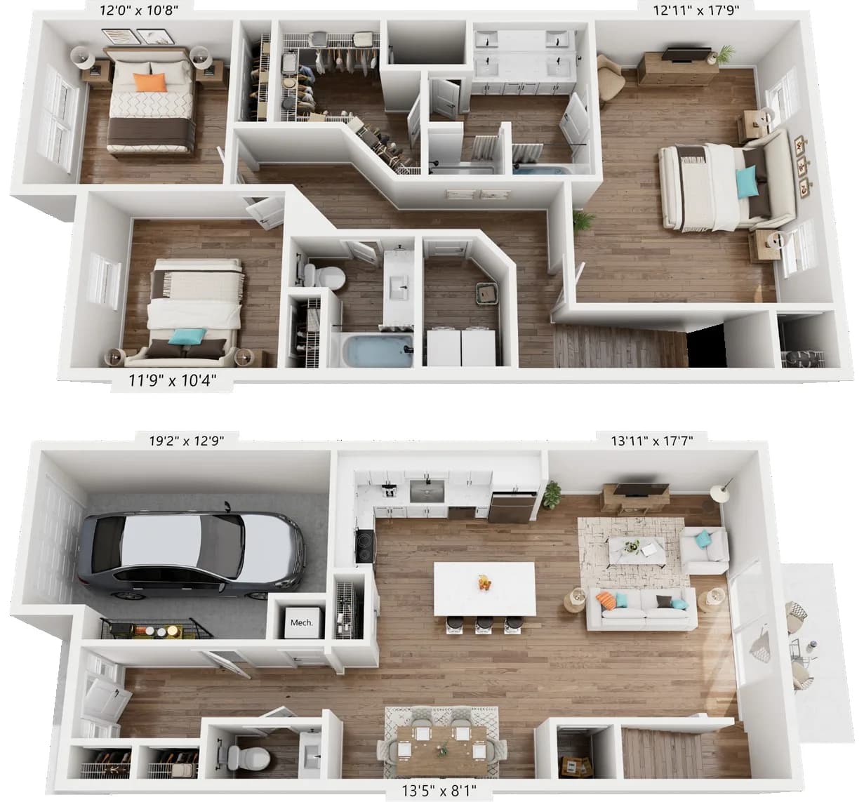3D floor plan of the two-story 3 bedroom, 2.5 bathroom townhome with a private one-car garage