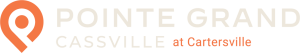 Logo for Pointe Grand Cassville at Cartersville with an orange location pin icon and text.