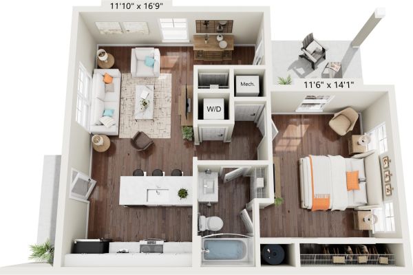 3D floor plan of a one-bedroom apartment with living room, kitchen, bathroom, and balcony.