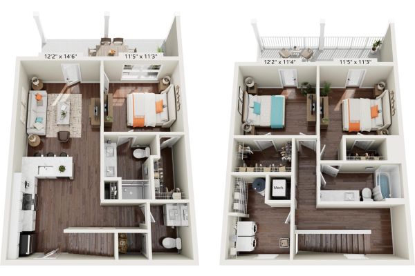 3D floor plan of a two-story, three-bedroom apartment with living, kitchen, and two balconies.