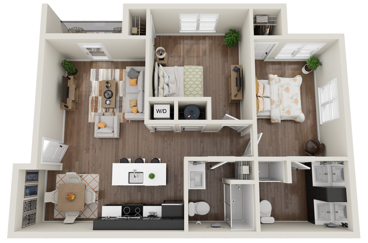 Plano en 3D de un apartamento de dos dormitorios y dos baños con cocina, comedor y salón diáfanos.