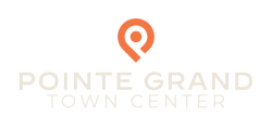 Orange map pin icon above the text "Pointe Grand Town Center" on a light background.