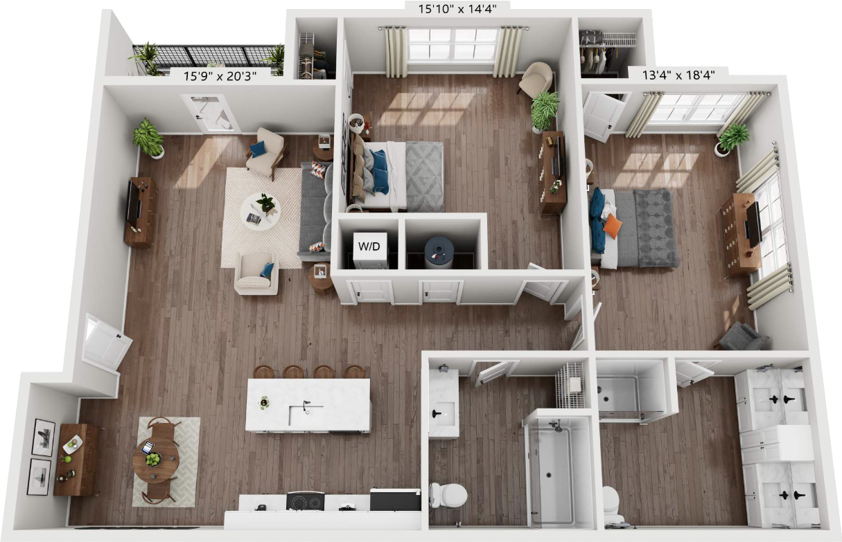 3D floor plan of a two-bedroom apartment with kitchen, living area, dining space, two bathrooms, closets, and washer/dryer.